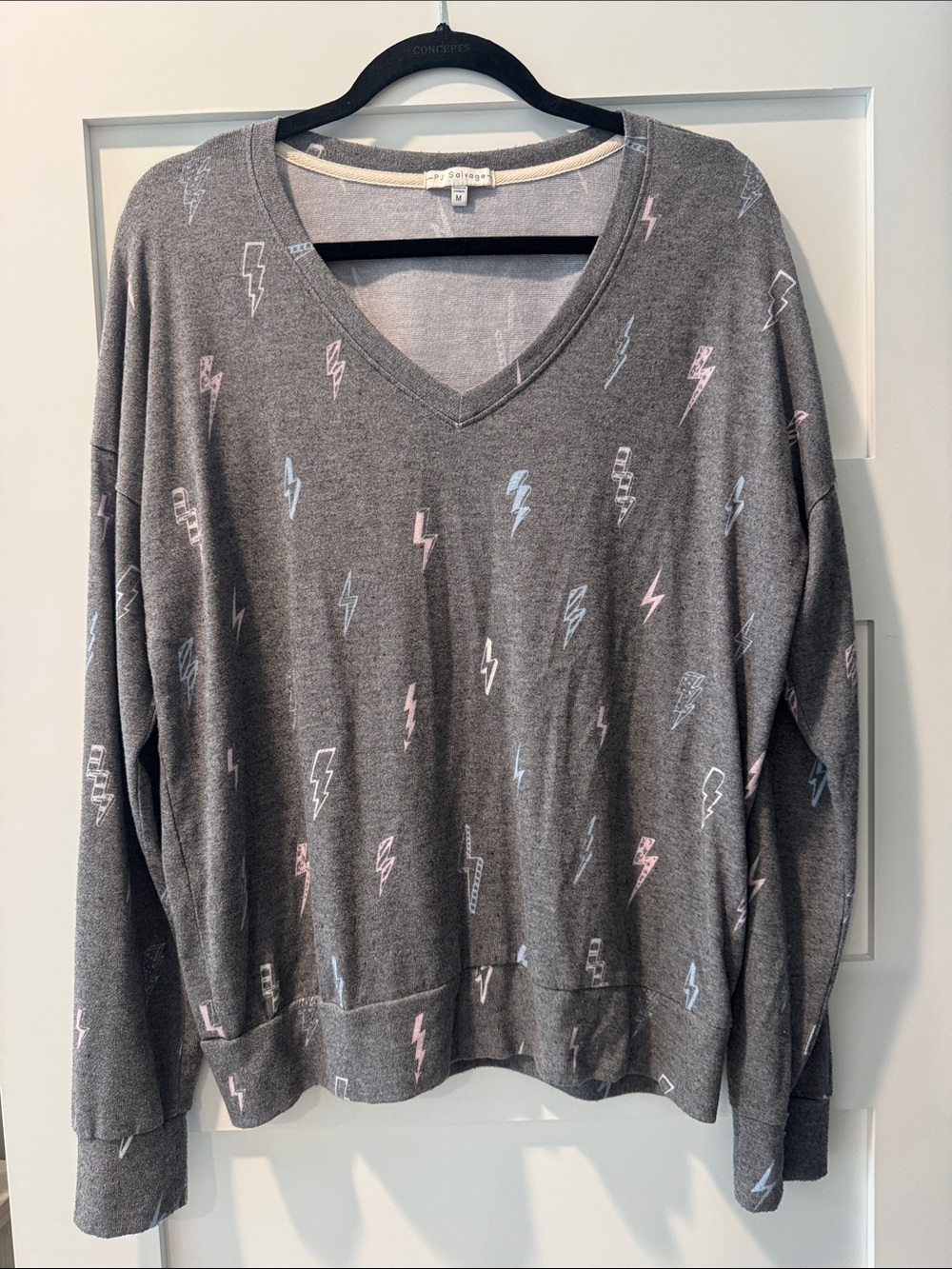 PJ Salvage Gray V-Neck Sweatshirt with Pink & Light Blue Lightning Bolts
